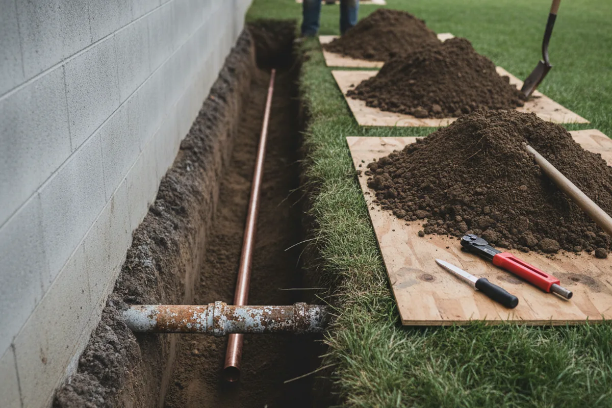 Excavated water line trench during Sewer Line Repair in Brogan